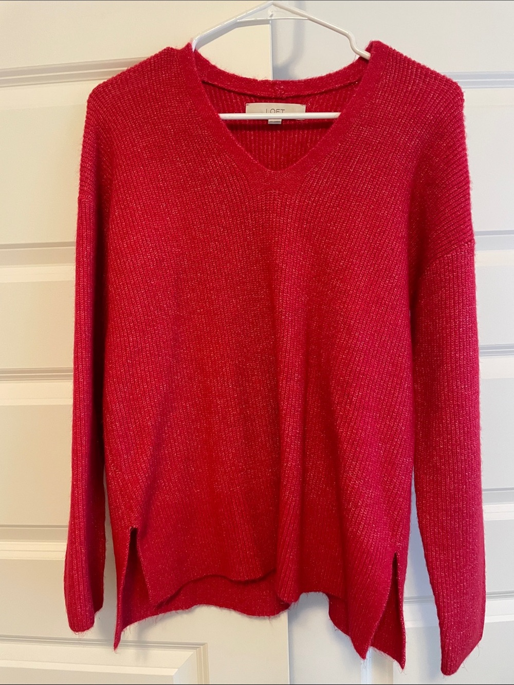 LOFT Bright Red V-Neck Sparkle Knit Sweater